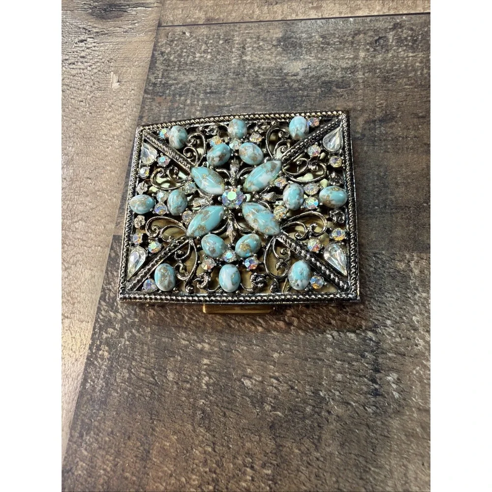 Jeweled Powder Compact Case Gold Brass Faux Turquoise 1950s SF Co 5th Ave Vtg